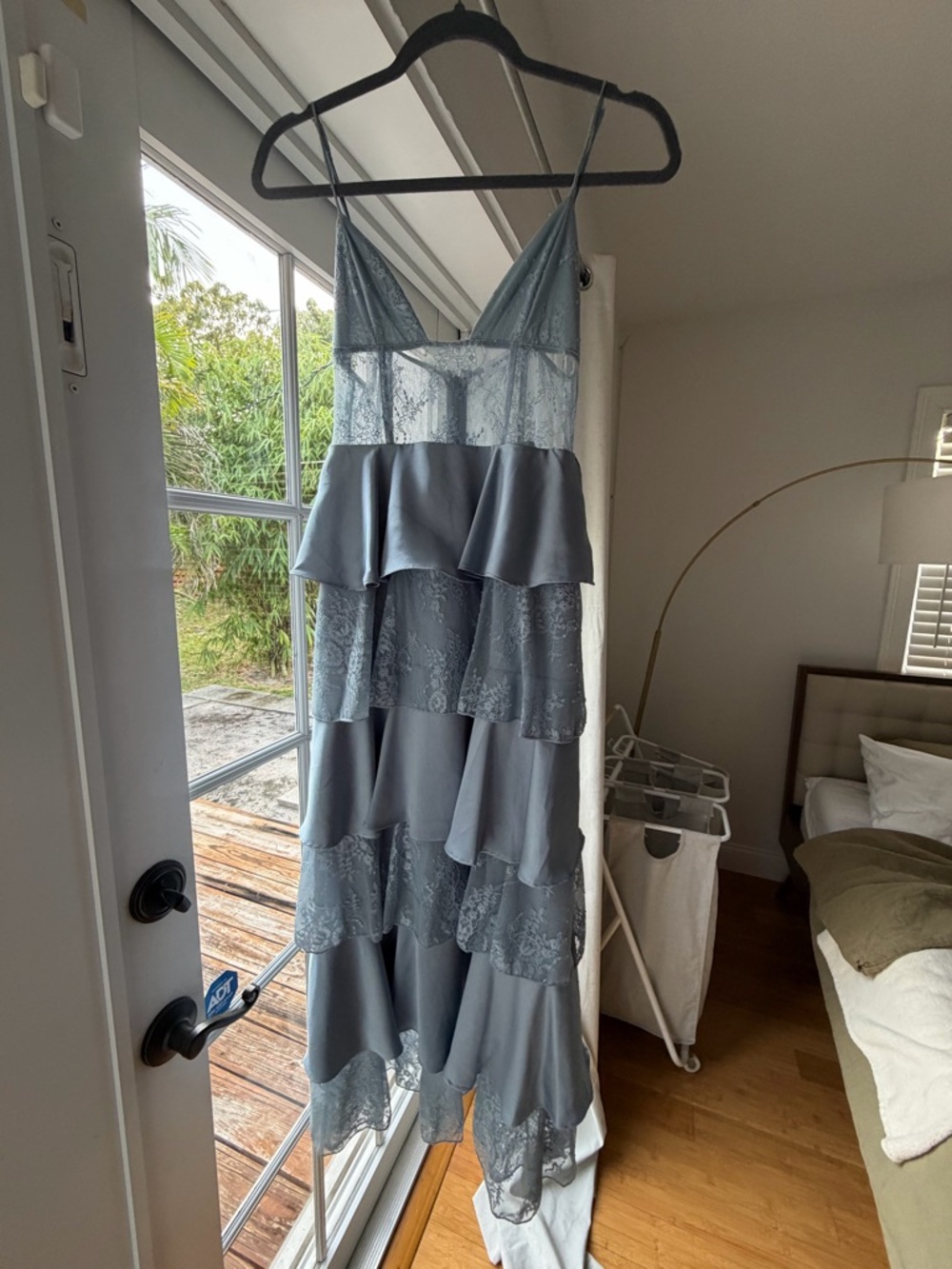 WeWoreWhat Dusty Blue Lace Dress with Spaghetti Straps